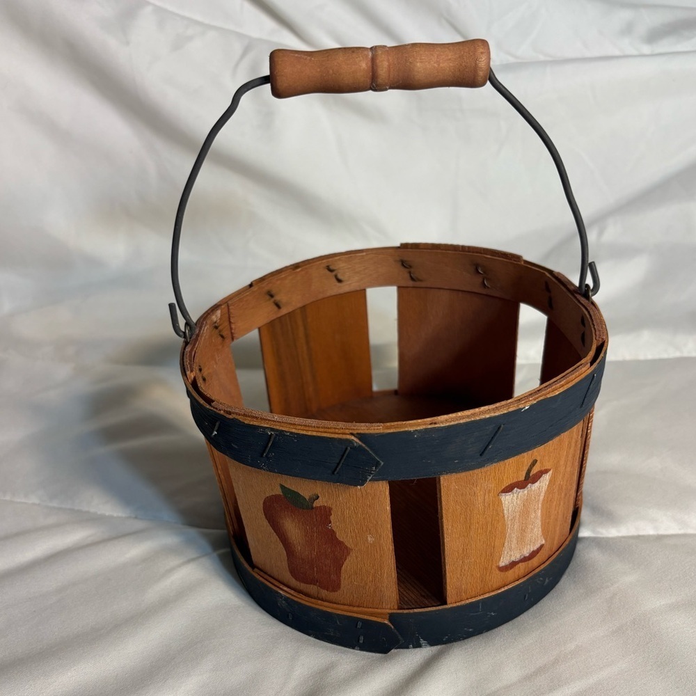 Adorable Wooden Basket with Apple Design and handle